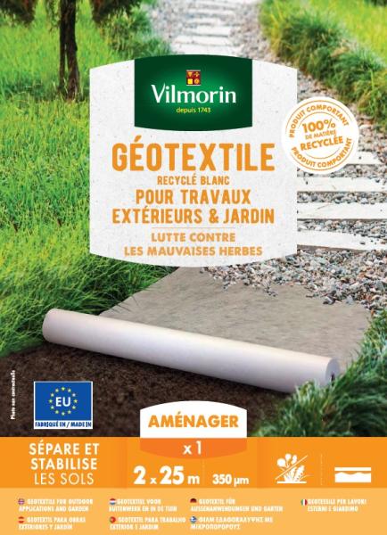 Aménagement des allées, massifs et haies - Géotextile Recyclé Travaux Extérieurs - 100 g/m² - 2 m x 25 m - Blanc - PACKAGING_RECTO